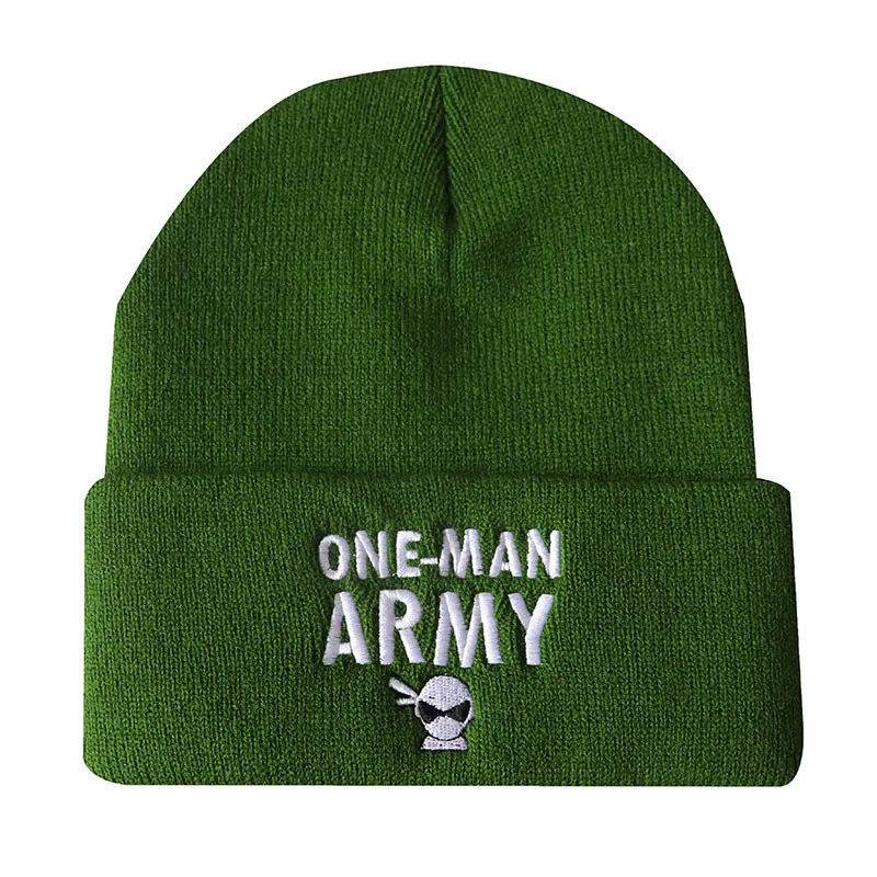 

Cartoon ONE MAN ARMY Beanies meme Letter Embroidery Warm Soft Knitted Hat Woolen Bonnet Unisex