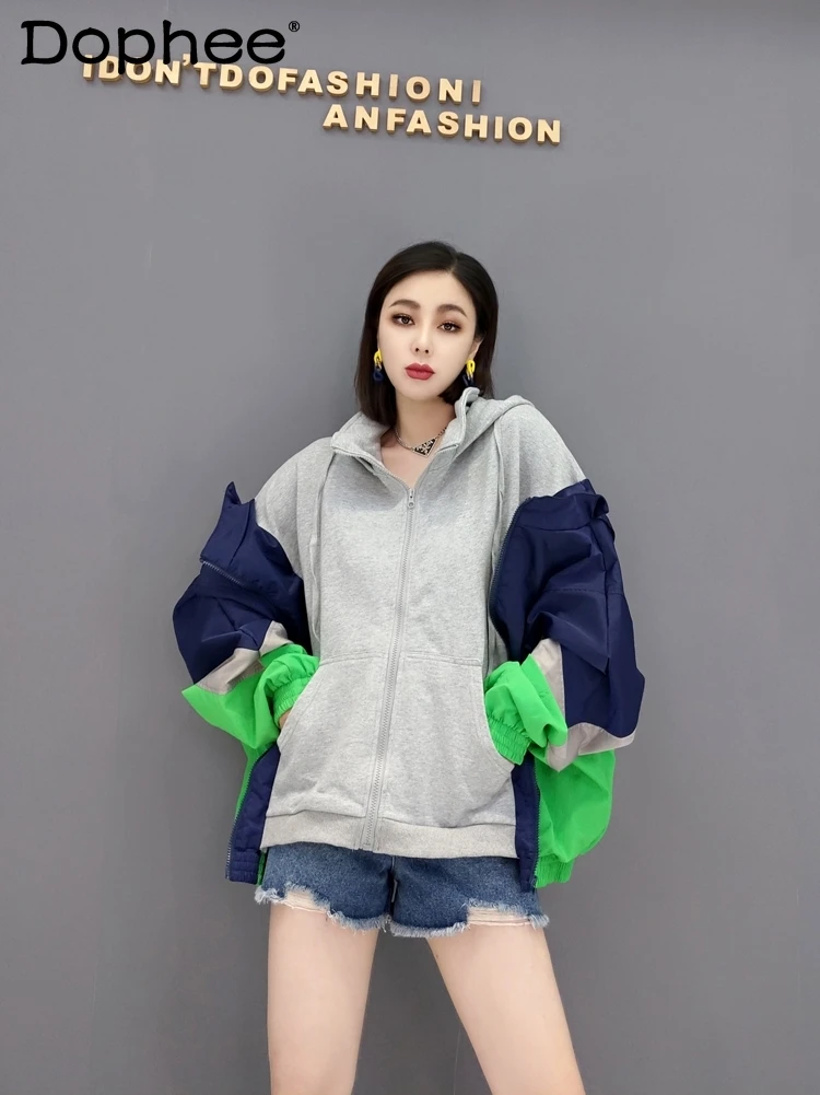 

2021 Fall Winter New Thicken Zipper Cardigan Sweatshirt Female Fashion Hooded Coat Casual Color Matching Hoodies Women Street