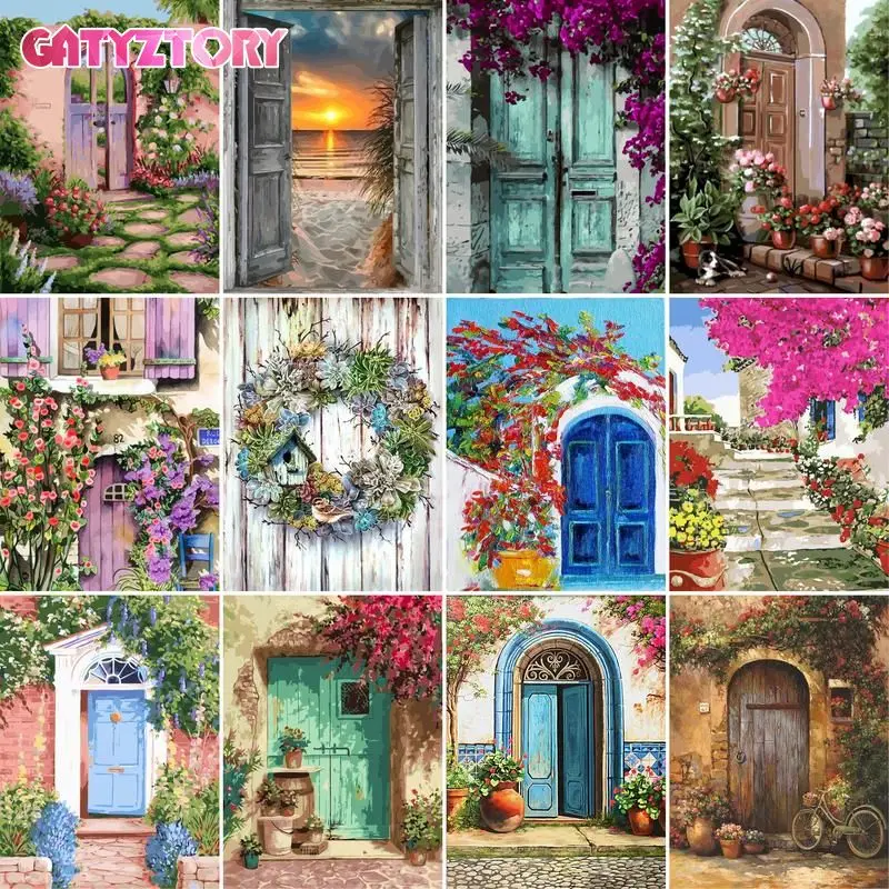 GATYZTORY Diy Oil Painting By Numbers Blue Door Landscape Paint By Numbers Handpainted For Home Decors Gift 60x75cm