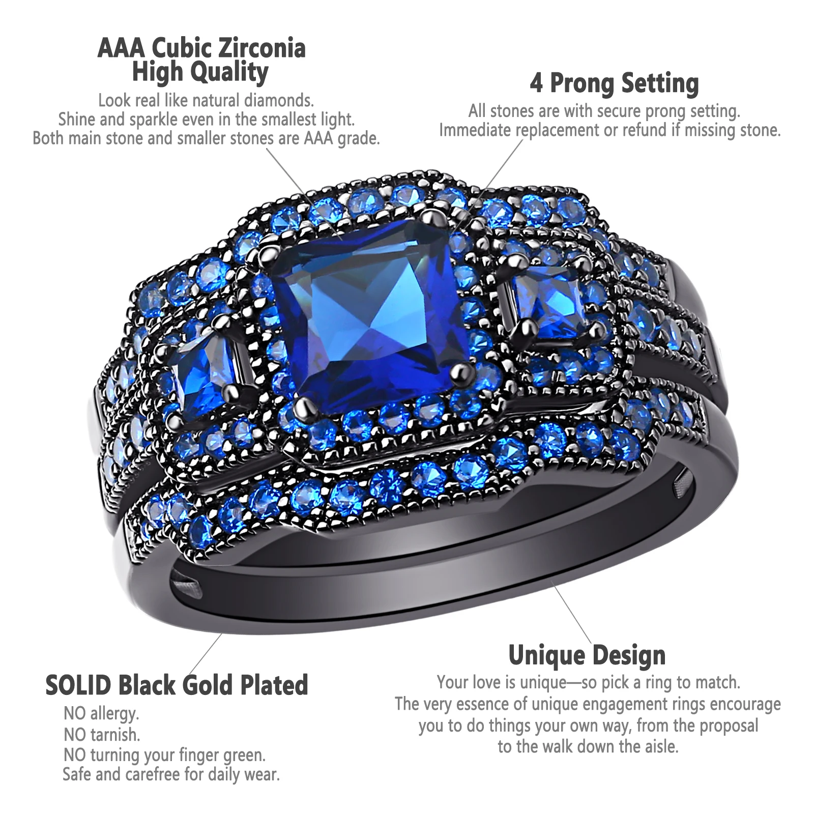 Женский набор из 3 предметов Newshe Черный обручальное кольцо с фианитом AAA QR4687WG |