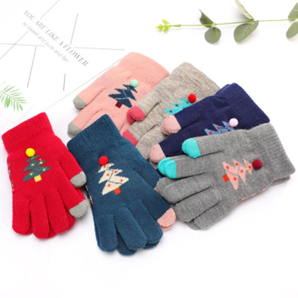 Детские перчатки 3 пары детские варежки вязаные с рисунком дерева на полный палец
