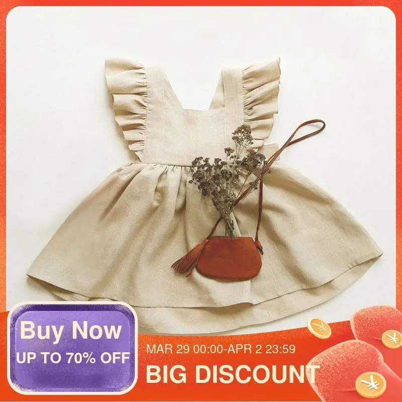 

Toddler Kids Baby Girl Dress Summer Ruffles Sleeveless Solid Cotton Linen Kids Party Casual Dress Baby Girls Clothing For 0-6Y
