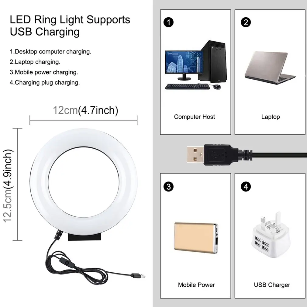 

4.7 In 12cm Fill-in Light Photography Video Lamp Curved USB Light Monochrome Led Circular Camera Lamp