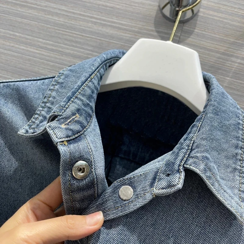 

Cool Blue Denim Shirt Jacket Solid Elegant Coats for Women High Quality Drop Shoulder Half Sleeve Pocket Outerwear Lady 2021