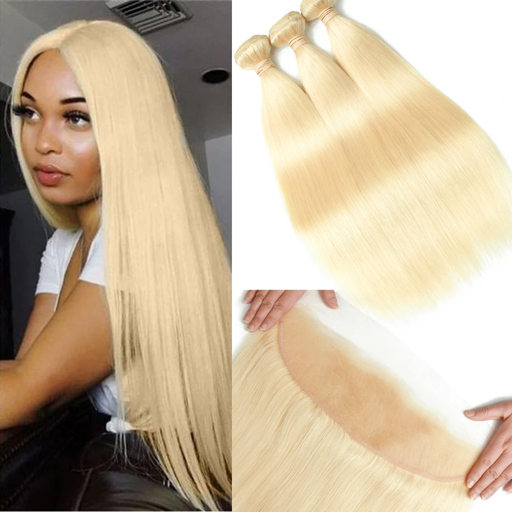 

613 блонд пучки с фронтальной бразильские прямые человеческие волосы пучки с фронтальной 13*4 Кружева Размер Remy волосы Mslove