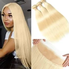 613 блонд пучки с фронтальной бразильские прямые человеческие волосы пучки с фронтальной 13*4 Кружева Размер Remy волосы Mslove