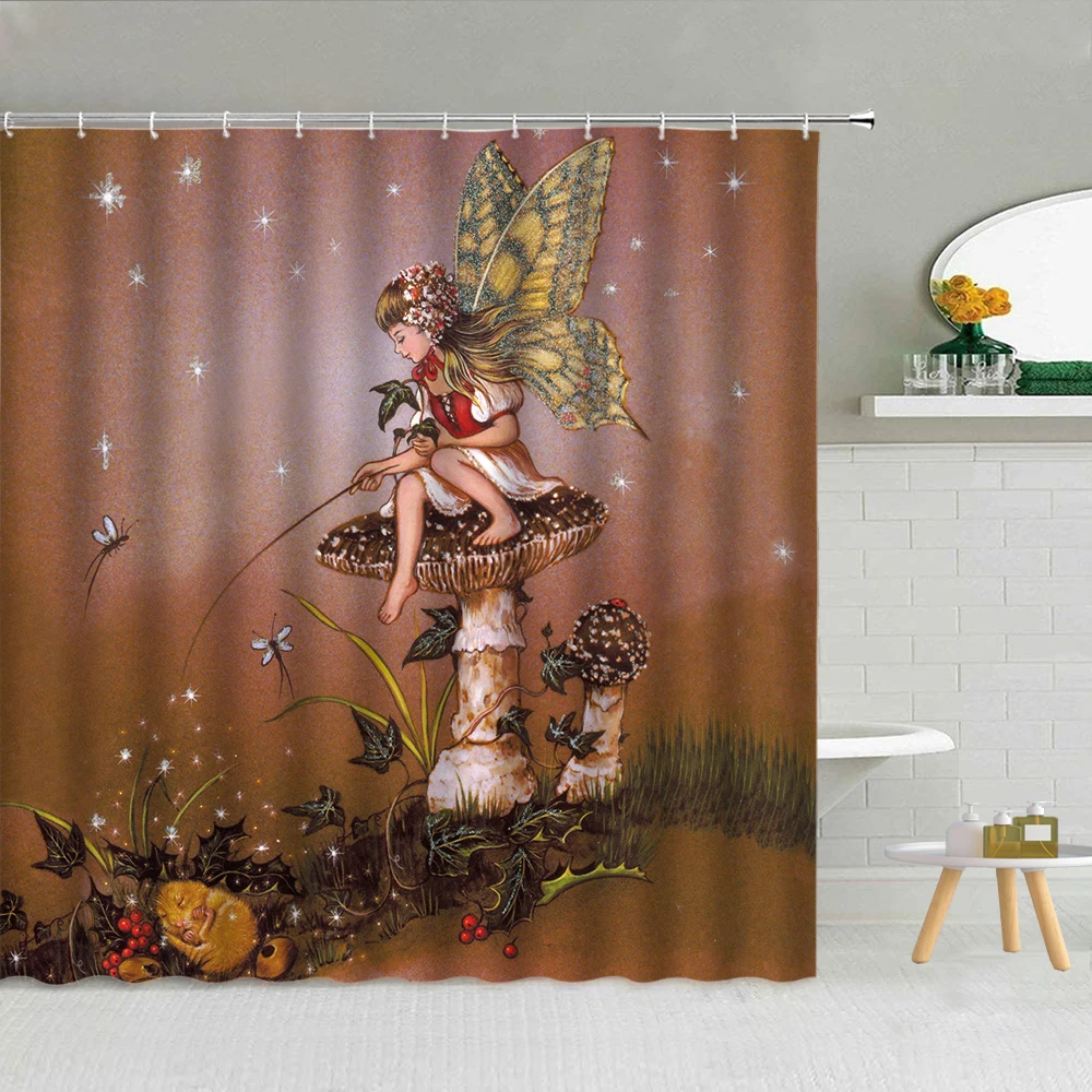 Сказочная лесная занавеска для душа с изображением эльфа девочки кролика грибы