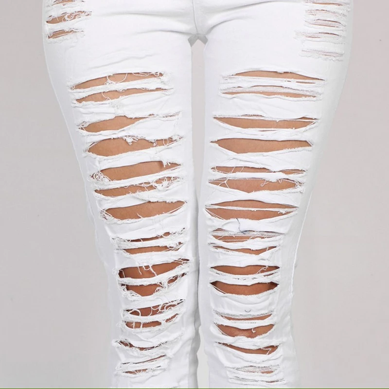 

2021 Fall Skinny Jeans Women Denim Pants Holes Destroyed Knee Pencil Pants Casual Trousers Black White Stretch Ripped Jeans