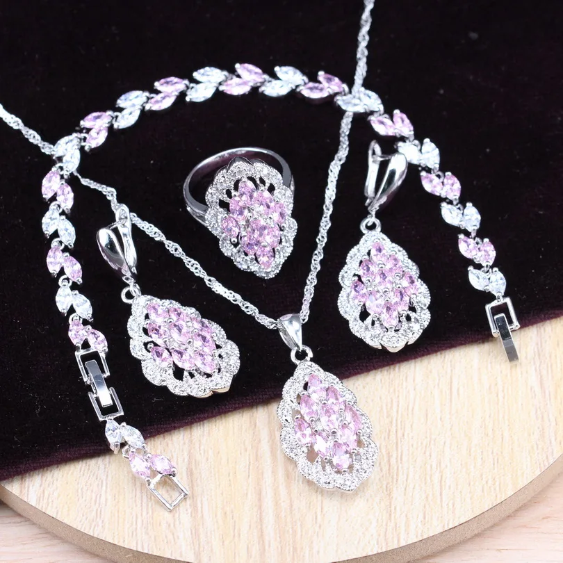 Серебро 925 Свадебные украшения Розовый кубический циркониевый комплекты
