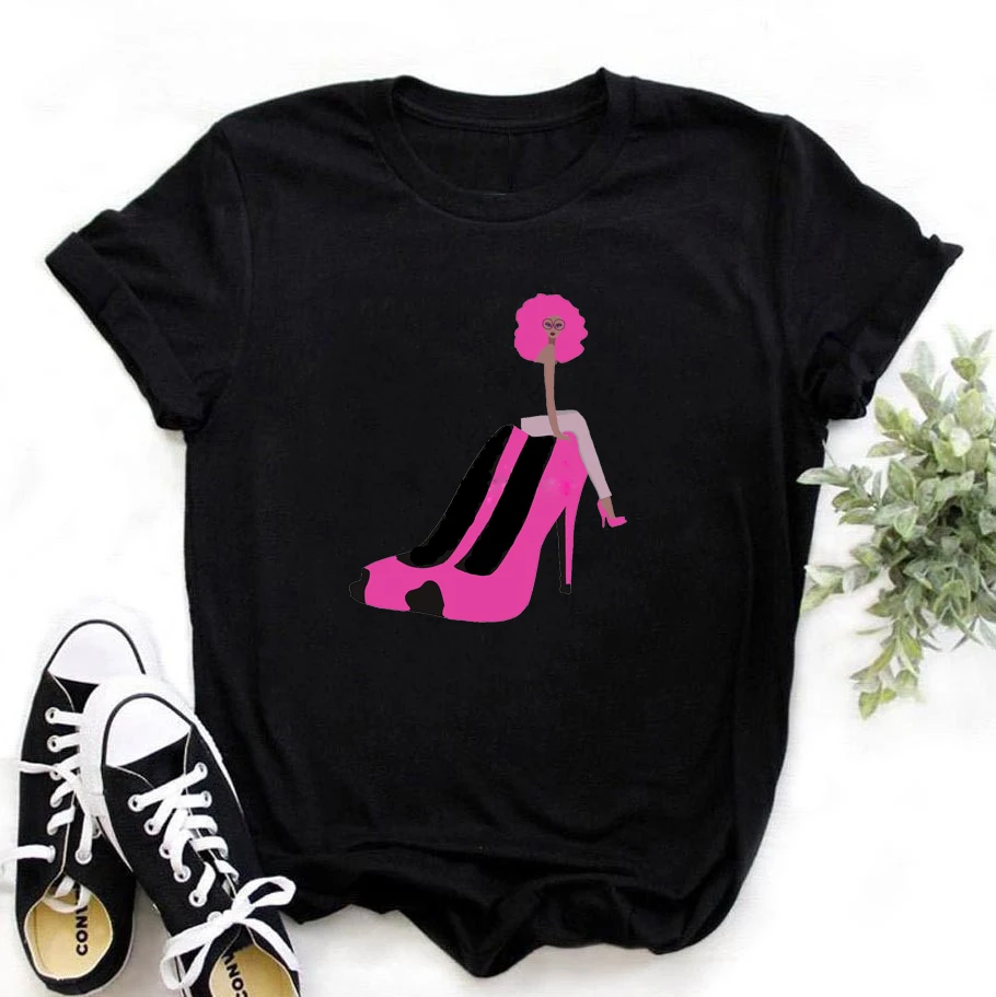 

Urban Fashion Style Women 2021 Short Sleeve Tee 2020 Women Fashion Clothing High Heel Cartoon Printing Harajuku Goth Graphic Tee