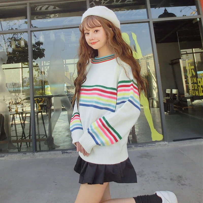 

Pullovers Women Rainbow Striped Preppy Style Fresh Students O-Neck Loose Casual Tops All-match Jumper Long Sleeve New Spring Hot