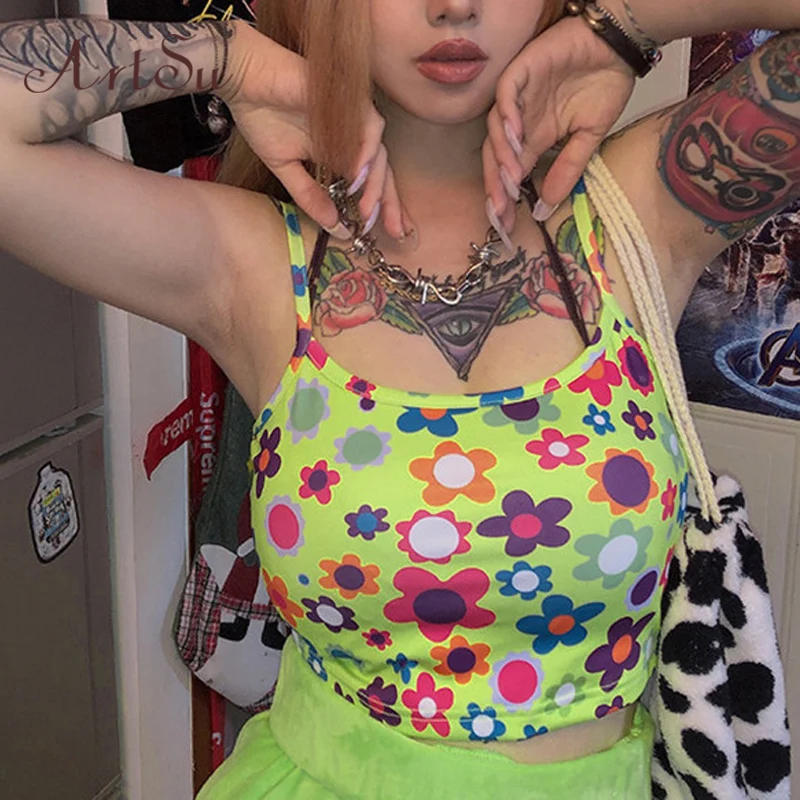 Арцу с симпатичным рисунком Зеленый топ на бретельках цветочным принтом нижнее