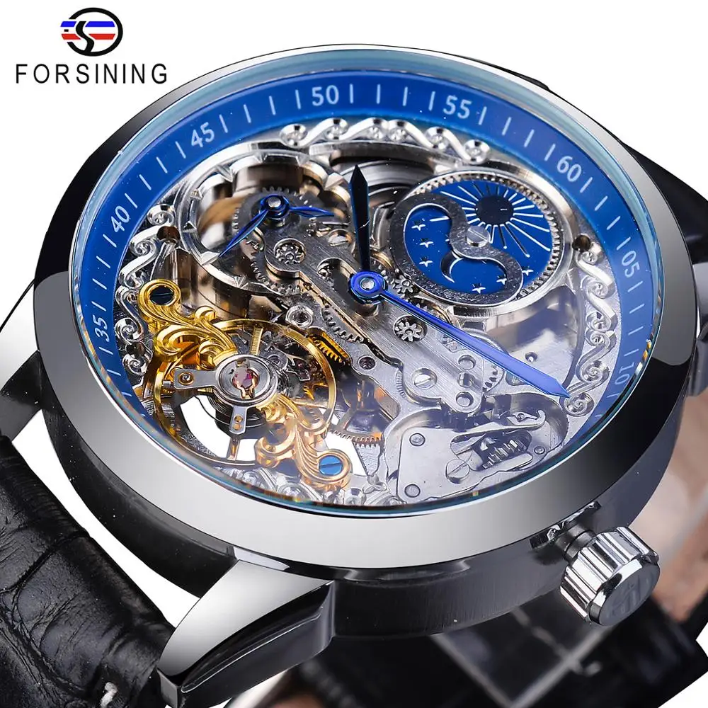 Forsining Automatic Mens Watches Mechanical Black Leather Strap Skeleton Fashion Clock Silver Case Waterproof Business Man Watch