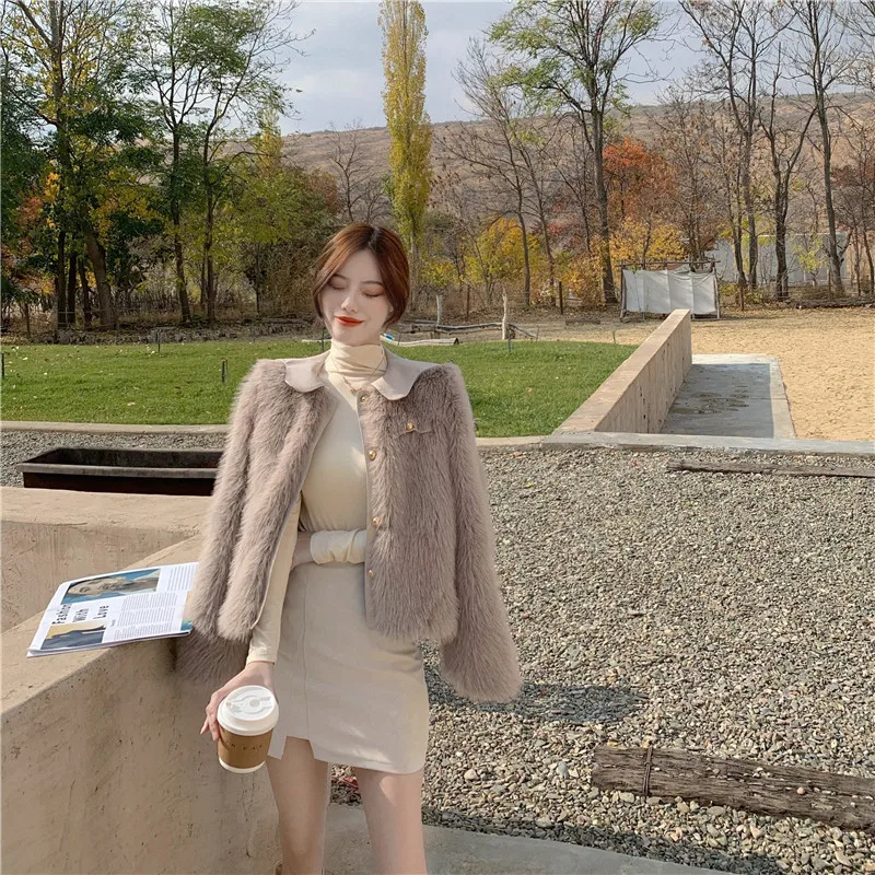 

Autumn Winter Women's Clothing Fashion Furry Jacket New Korean Loose Long-sleeved Fur Jacket Elegant Petal Collar Fluffy Coat