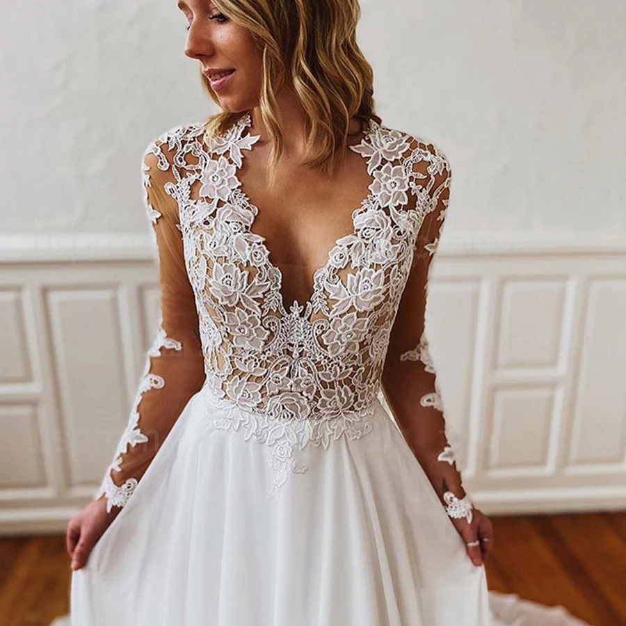 

Elegant Chiffon Wedding Dress with Long Sleeves See-through Lace Appliqued V Neck Long Train A Line Bridal Dresses