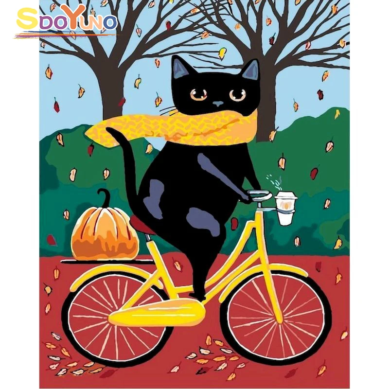 

SDOYUNO Oil Painting By Numbers DIY Cartoon Cat Bicycle With Frame 40*50cm Animal Crafts On Canvas Scenery Decoration Art Gift