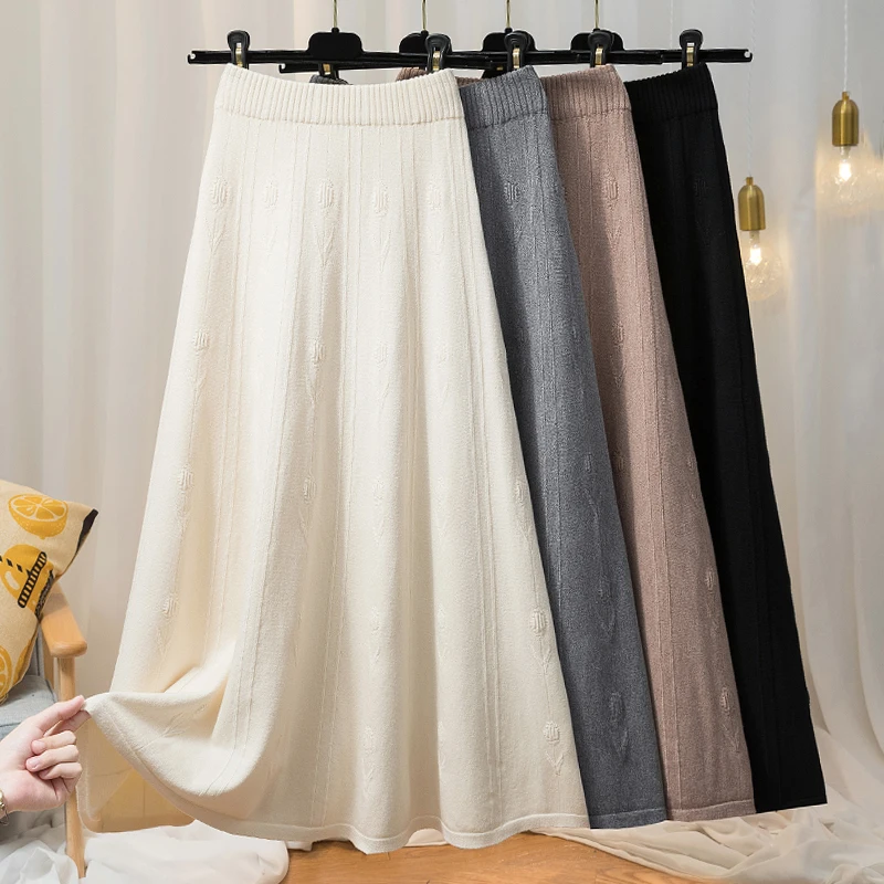 

Elegant Winter Knitted Skirts Women Elastic Waist Long Midi Skirt A-Line Knitwear Casual Loose Pleated Skirt Flowers Jacquard