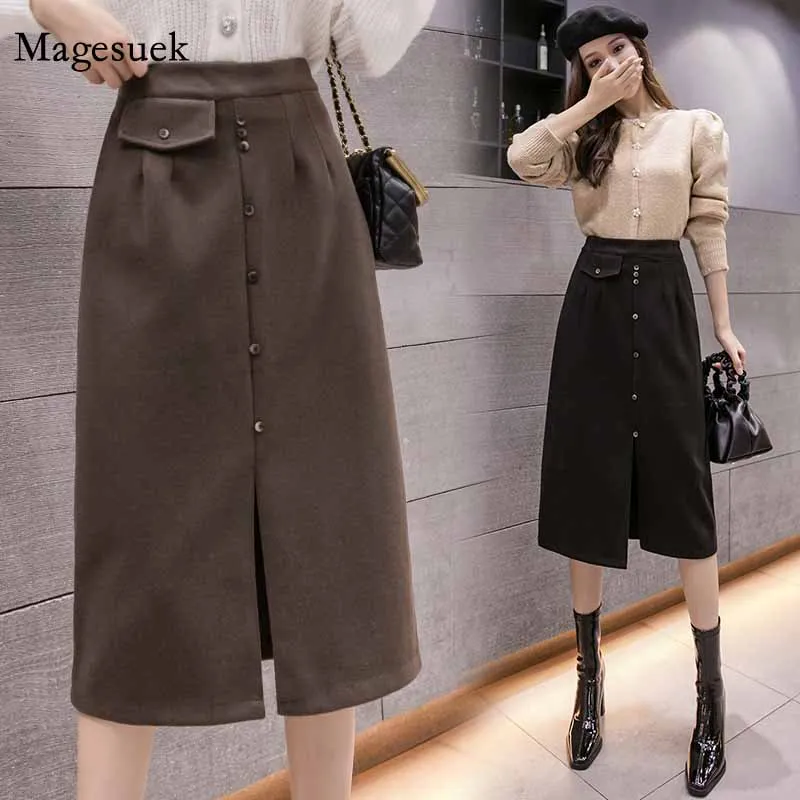 

Fashion Woolen H-line Skirt 2020 New Female High Waist Slim Mid-length Side Slit Single Breaste Hip Woman Skirt Faldas 12132