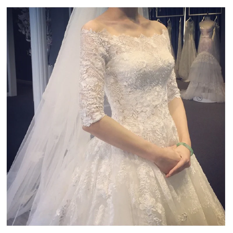 

Wedding Dress Bride One Shoulder French Lace Tailing 2021 New Korean Mid Sleeve