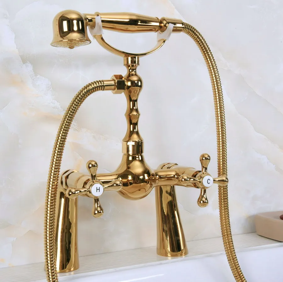 

Polished Gold Brass Double Handle Deck Mount Bathroom Bath Tub Faucet Set with 1.5M Hand Held Shower Spray Mixer Tap 2na148