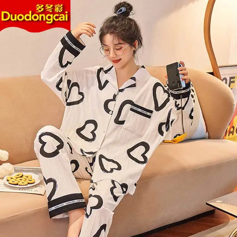 Осенний кардиган из чистого хлопка, женская пижама из двух предметов, новая однотонная женская пижама с рисунком в Корейском стиле пижама из 2 предметов в винтажном стиле