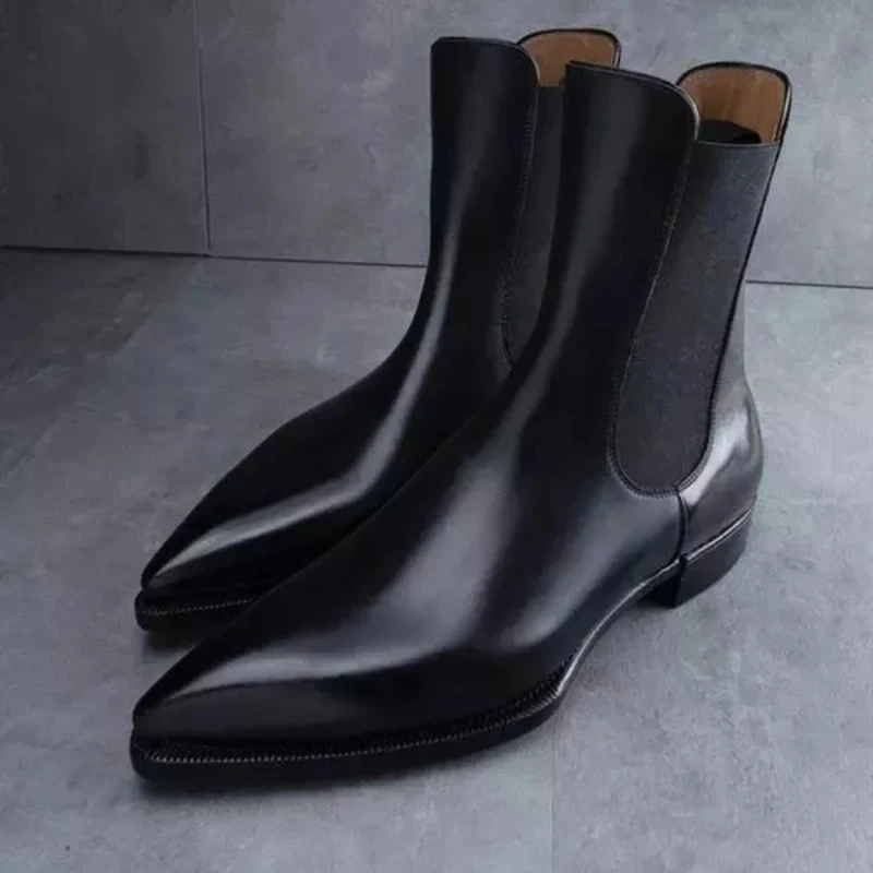 

Classic Men Black Fashion PU Leather High Ankle Pointed Head Low Heel Cuff Casual and Comfortable Chelsea Pointed Boots AQ337