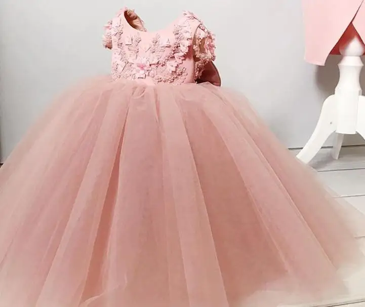 

Blush Pink Lace Beaded Ball Gown Flower Girl Dresses Hand Made Flowers Lilttle Kids Birthday Pageant Weddding Gowns