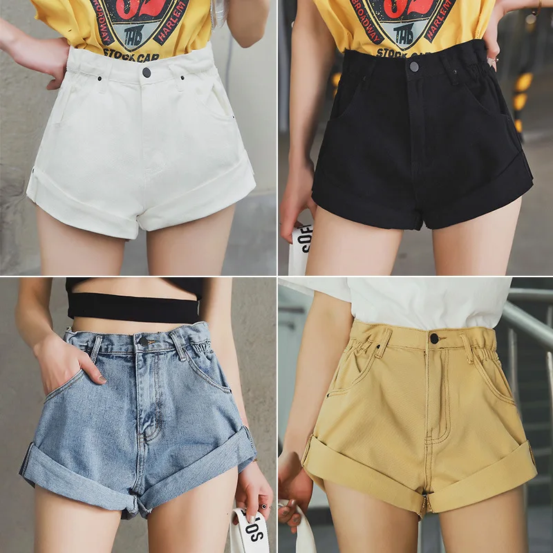 

Casual Fashion Denim Shorts Women's White Women Short Jeans Khaki Wide Leg Elastic Waist Vintage High Waist Shorts Women Summer