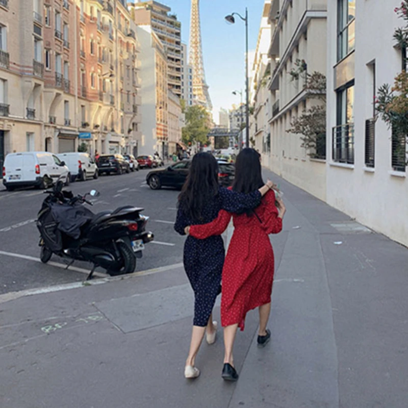 

YOCALOR New 2020 Spring Summer Women Dresses Chiffon V-Neck Floral Dots Buttons Lace Up Bow Elegant Casual Dress Long