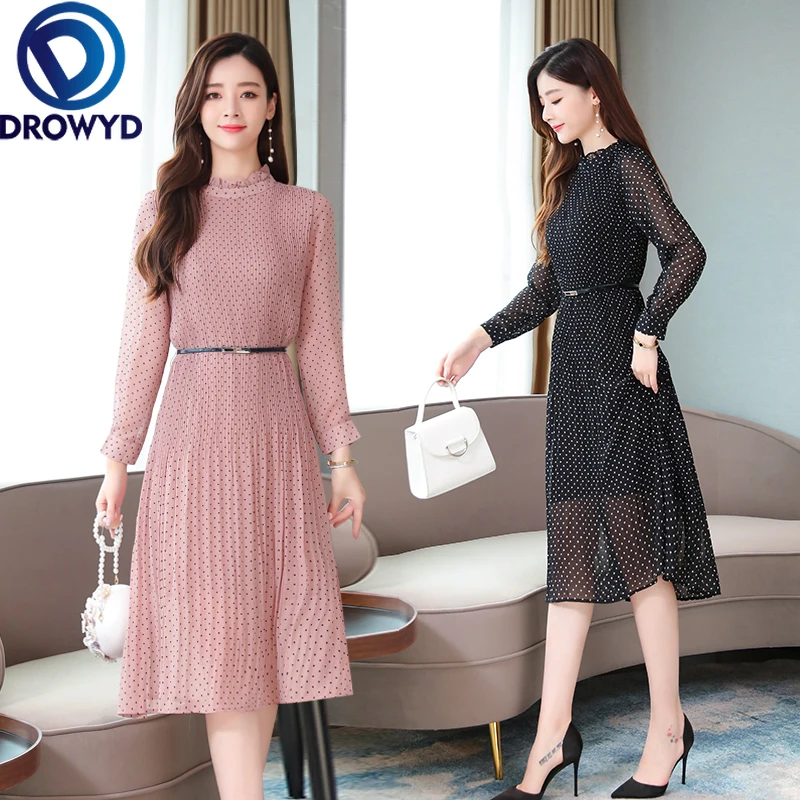 Осеннее платье миди в горошек для женщин повседневное Плиссированное розовое