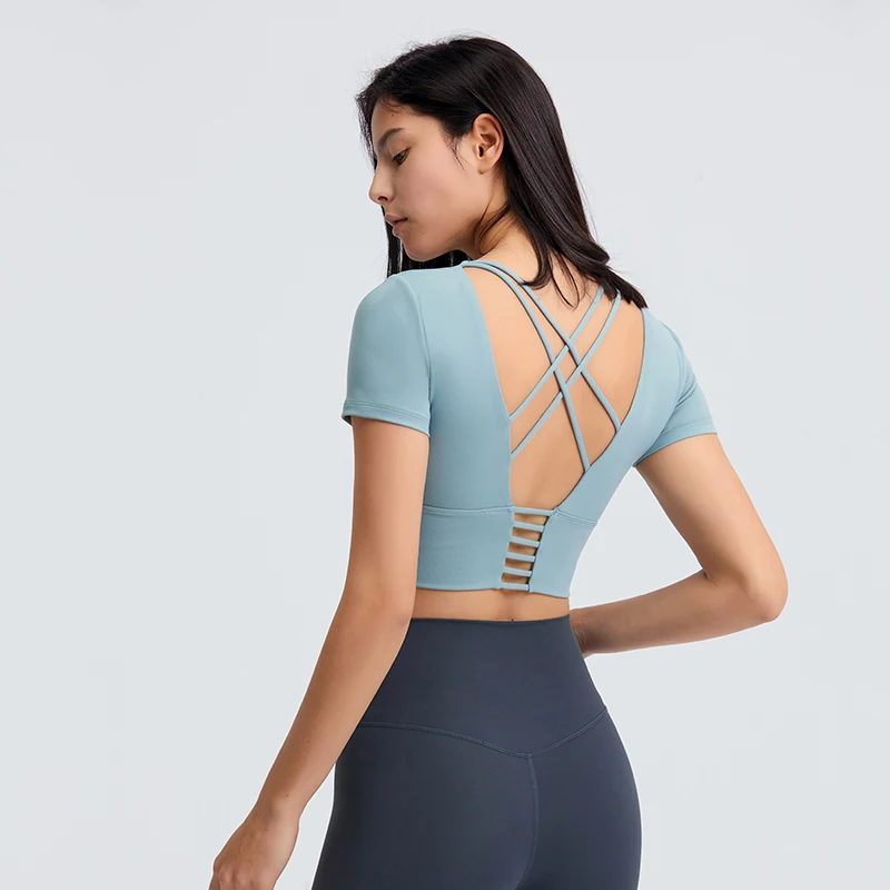 

Padded Back Crisscross Yoga Shirts Women Sports Fitness Crop Top Running Shirt Sport Gym T-shirt Short Sleeve Sportswear Summer