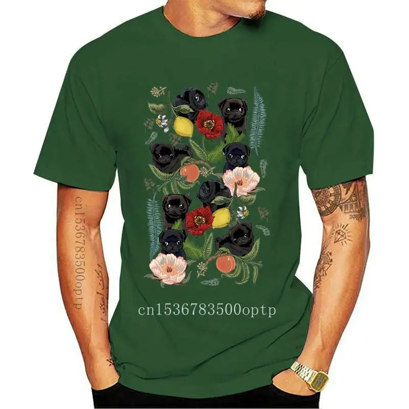 

Summer Fashion Women t-shirt Colorful Botanical and Black Pugs Print T-Shirt Cute Dog Cat Design Casual Tops Cool Women Tees
