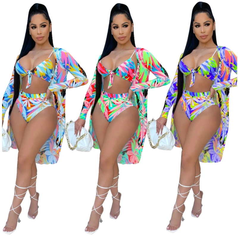 

Bow Summer Style Beach Tropical Leaves Printed 3 Piece Set Women Bikini Set Cardigan Cover Up Bohemian Swimsuit Bathing Suit