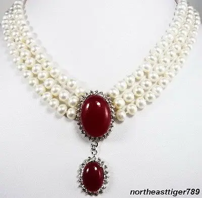 Hot sale Free Shipping&gt&gt&gt3 Rows White Pearl Red Jade 18KWGP Crystal Pendant Necklace | Украшения и аксессуары