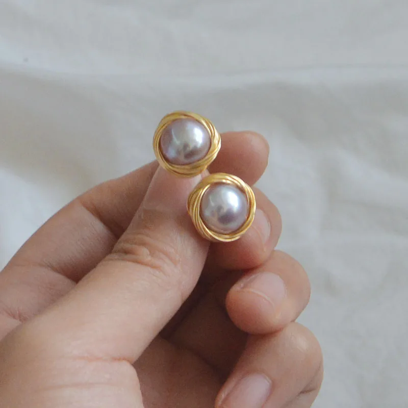 

925 Silver Needle Baroque Natural Freshwater Pearl Gold Wire Bird's Nest Earrings Hand-Woven Simplicity