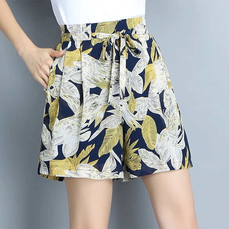 Женские эластичные шорты с высокой талией желтые цветочным принтом в Корейском