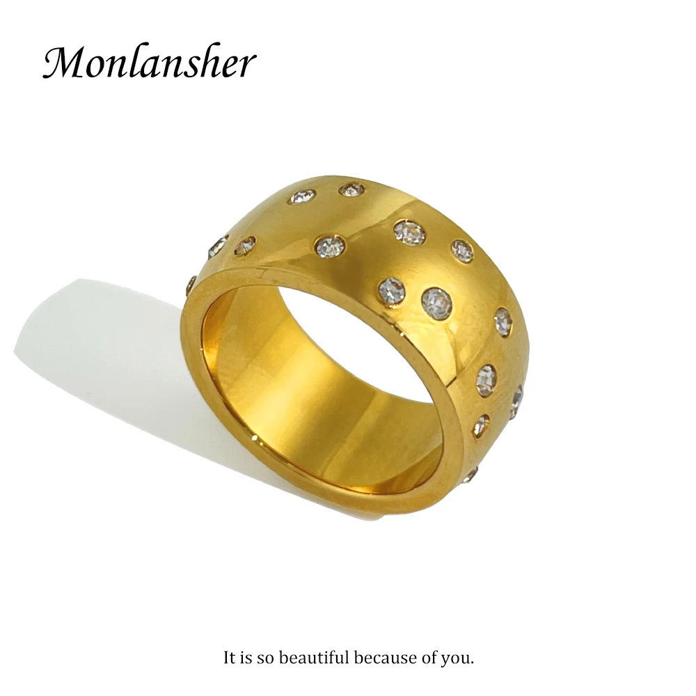 

Monlansher Gold Color Glossy Stainless Steel Ring Delicate Luxury Rhinestone Ring Minimalist Statement Rings Jewelry for Women