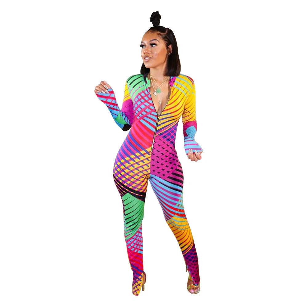 

Mlticolor Digital Printed Women Nightclub Wear Jumpsuits Female's Zipper V-neck Full Sleeve Skinny Pencil Rompers 2020 Autumn