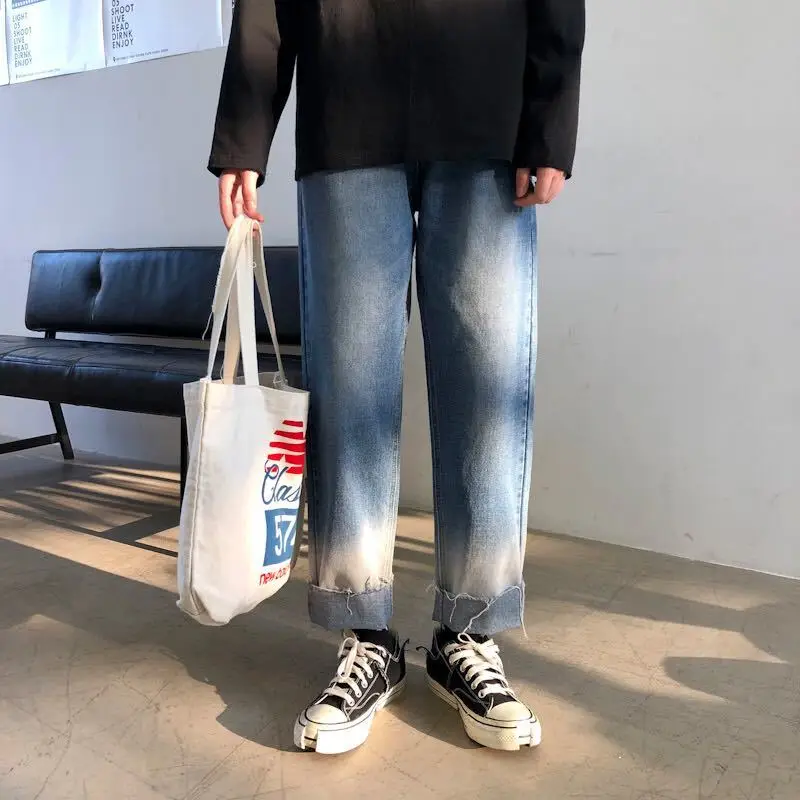 Джинсы мужские прямые повседневные с эффектом потертости модные брюки из денима