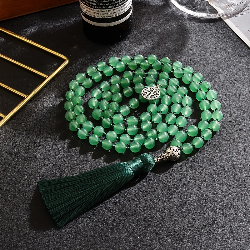 

108 Count 8mm Green Aventurine Jade Beads Knotted Japa Mala Necklace Meditation Yoga Prayer Rosary for Men and Women Jewelry