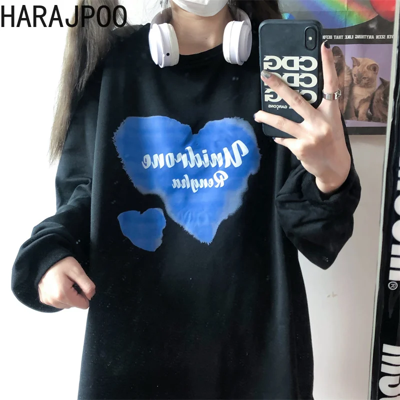 

Женские пуловеры Harajpoo, осенние корейские в стиле INS, черные, с принтом призрака, лошади, серия девушек, облака, любовь, повседневные свободные...