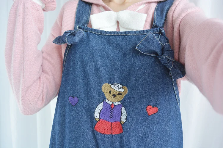 Love Bear Embroidery Big Pockets Women's Jeans Jumpsuits Rompers Casual Pants Trousers Playsuits 2 Colors |