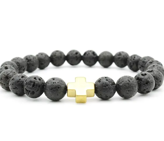 

Браслет ggh21 с золотым крестом и регулируемым фианитом, Ювелирное Украшение с черными искусственными бусинами, диффузор эфирных масел, 8 мм