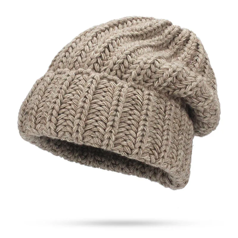 Leisure Fashion The New Hat For Women's Autumn Winter Hats Increase Big Beanie Knit Wool Set Head Hat Acrylic Thick Line Caps - Цвет: Хаки