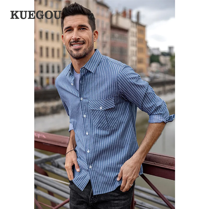 

Мужская рубашка в полоску KUEGOU100 % хлопок, с длинным рукавом
