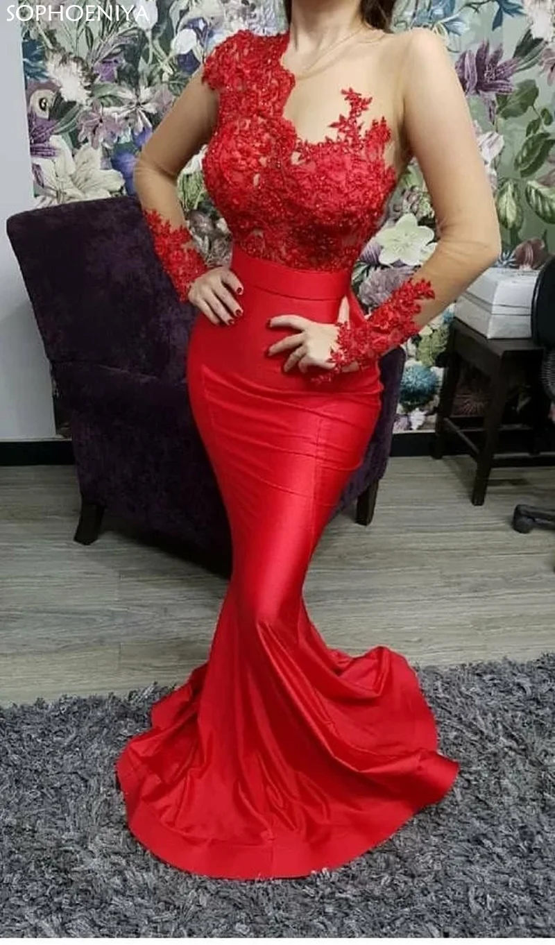 

Vestidos Long Sleeves Red Prom Dresses 2020 Women Formal Party Appliques Lace Beading Mermaid Evening dress Vestido formatura