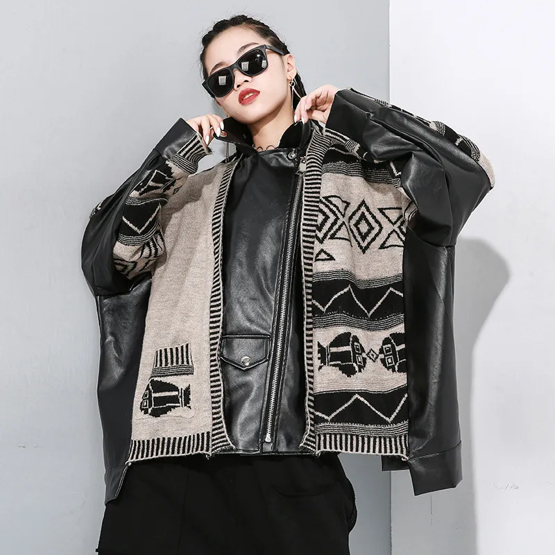 LANMREM костюм с цветными блоками шерстяной кардиган из искусственной кожи на