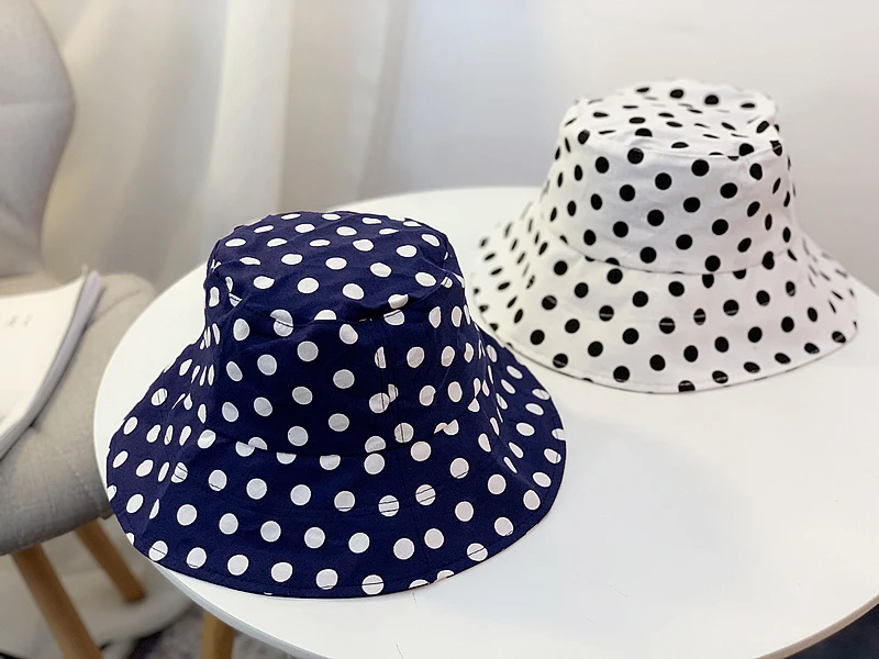 

Bucket Hat Women Korean Soft Fisherman Cap Summer Fishing Hat Cotton Black White Blue Dot Pattern Sunhat Female Wide Brim