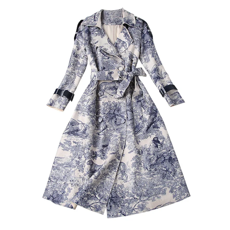 Женский Длинный тренчкот с поясом классический двубортный принтом повседневная