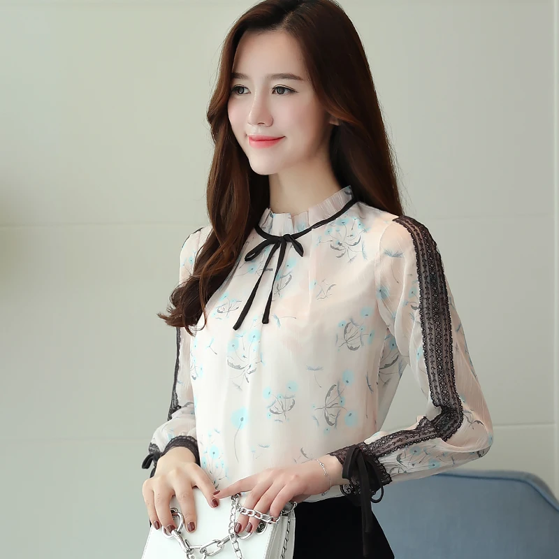 Корейские модные шифоновые женские блузки кружевные розовые рубашки с длинным